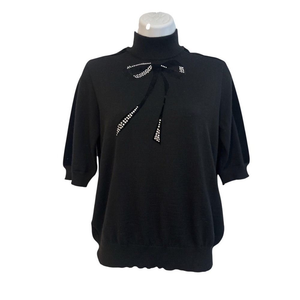 Elisa Fanti Women's Sz: It 44 - US 8 Black Wool Velvet Bow Short Sleeve Sweater